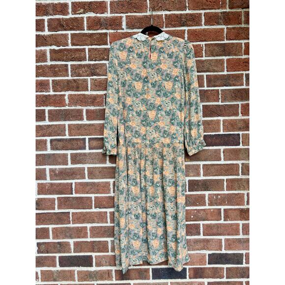 Vintage 1980s Taurus II Floral Print Dress Lace Collar Long Sleeve Drop Waist - Picture 7 of 15